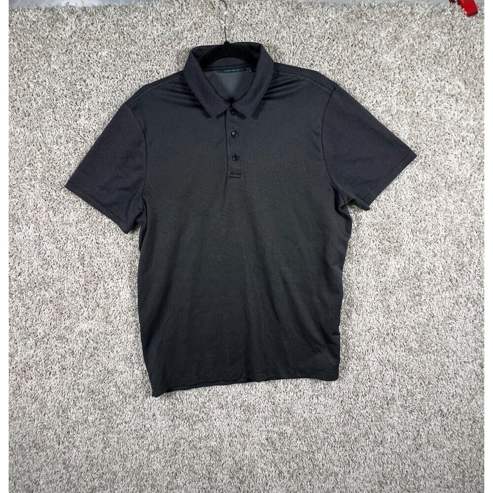 Perry Ellis Stretch Black L Men's Polo Shirt Short Sleeve Zip Logo Accent